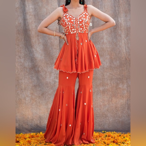 Rust Orange Embroidered Flared Pant Set